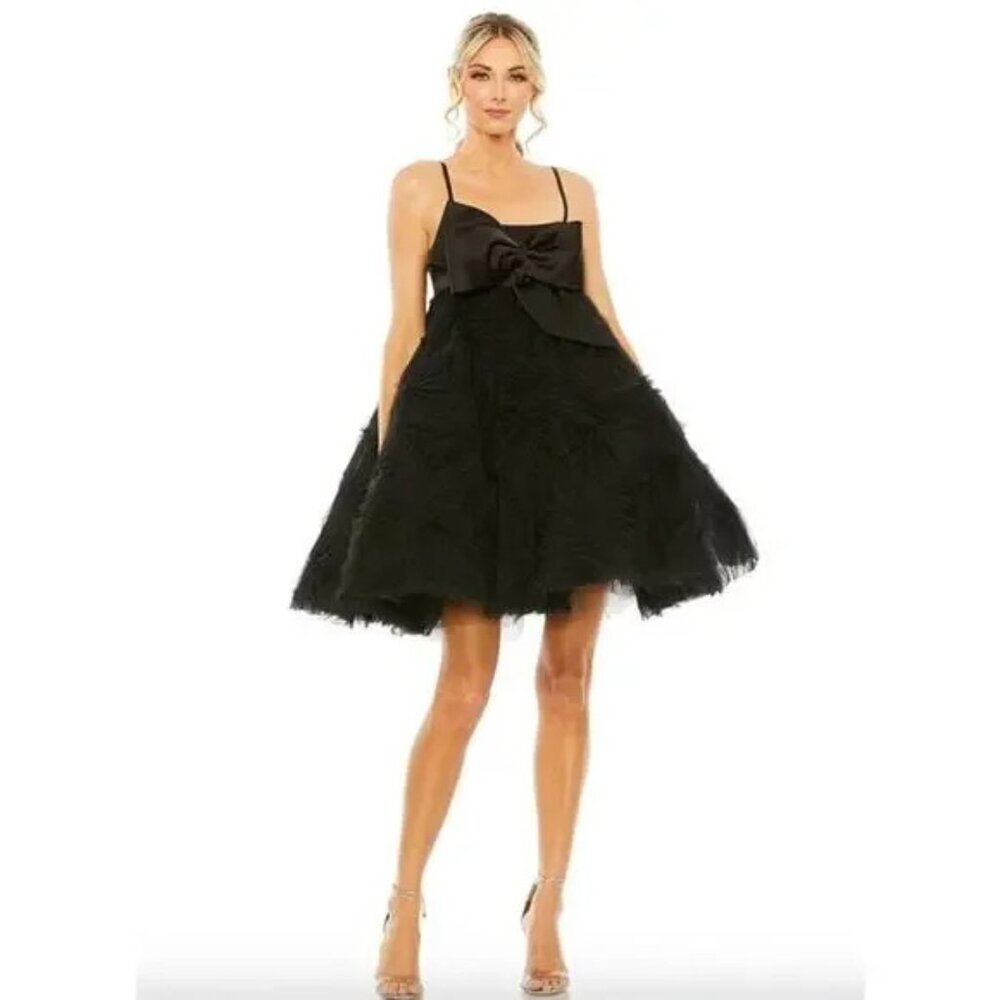 NWT MAC DUGGAL Dress Size 2 Evening Gown Black Mini Tulle Satin Bow Fit Flare